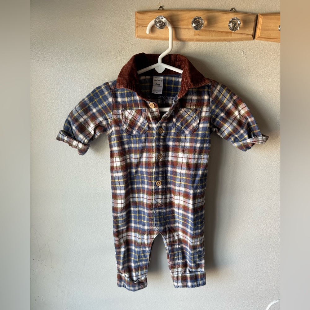 Carter's Baby Boy Plaid Romper Jumpsuit 6M Corduroy Collar Blue Brown